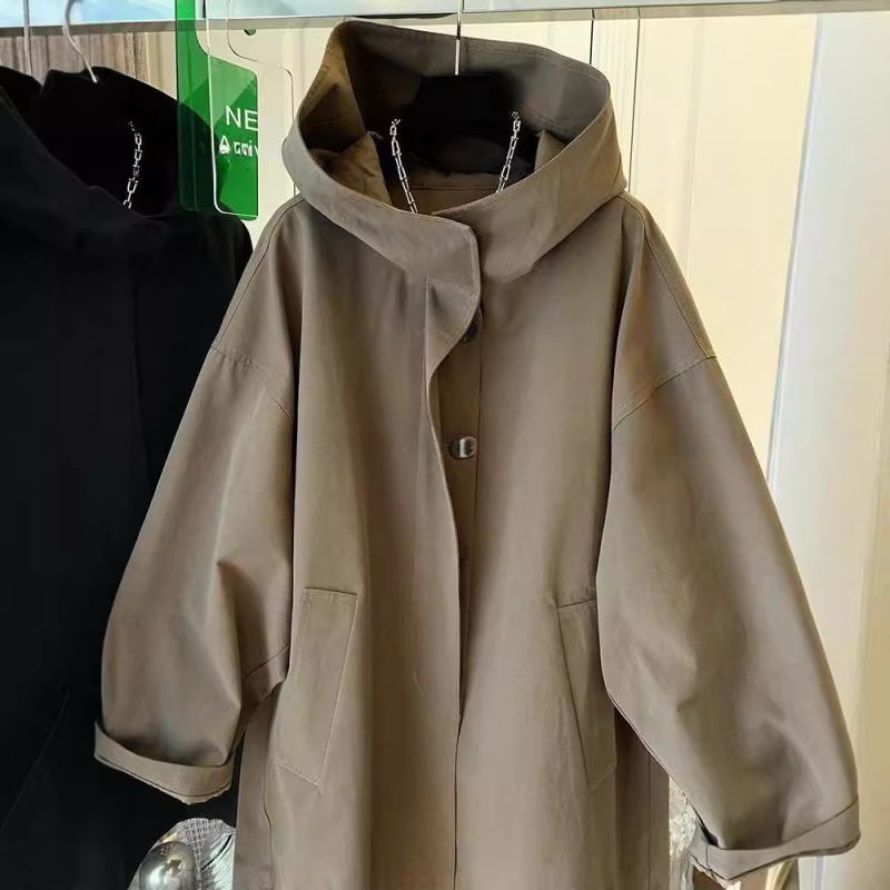 Ženski kapuljačasti trench kaput srednje duljine, pamuk-poliester mješavina, udoban kroj, dugi rukavi, casual japansko-korejski stil, jesen 2024