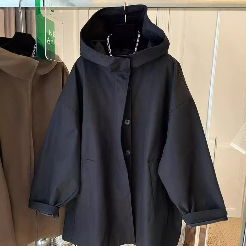 Ženski kapuljačasti trench kaput srednje duljine, pamuk-poliester mješavina, udoban kroj, dugi rukavi, casual japansko-korejski stil, jesen 2024