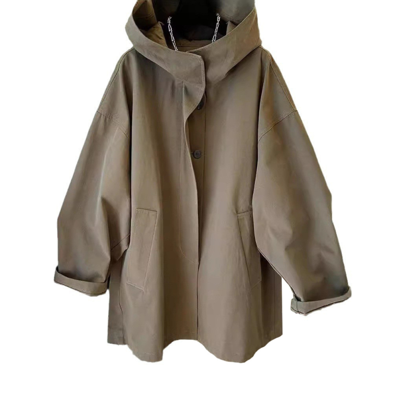 Ženski kapuljačasti trench kaput srednje duljine, pamuk-poliester mješavina, udoban kroj, dugi rukavi, casual japansko-korejski stil, jesen 2024