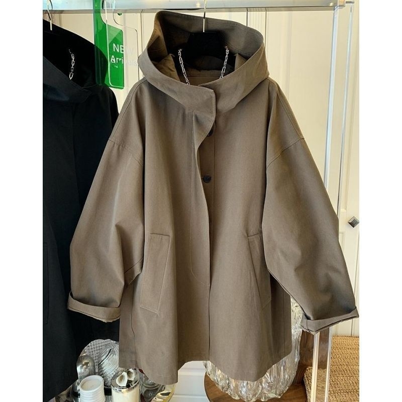 Ženski kapuljačasti trench kaput srednje duljine, pamuk-poliester mješavina, udoban kroj, dugi rukavi, casual japansko-korejski stil, jesen 2024