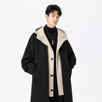 Dugi kaput s kapuljom, jednostrano zatvaranje, tkanina od vune-viskoze