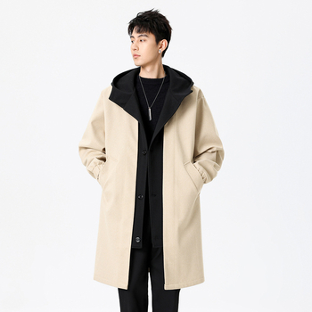 Dugi kaput s kapuljom, jednostrano zatvaranje, tkanina od vune-viskoze