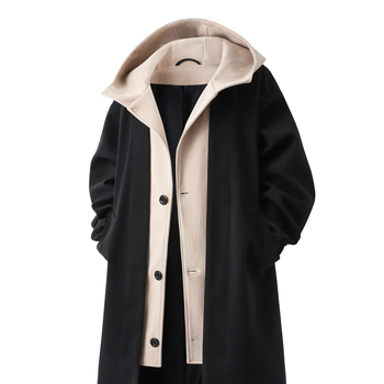 Dugi kaput s kapuljom, jednostrano zatvaranje, tkanina od vune-viskoze