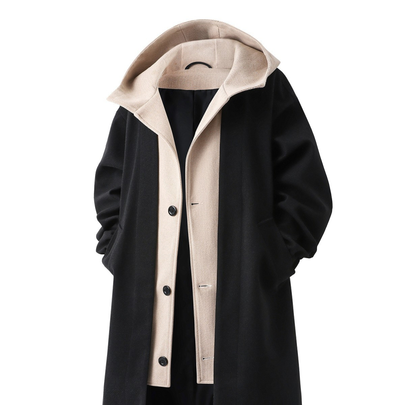 Dugi kaput s kapuljom, jednostrano zatvaranje, tkanina od vune-viskoze