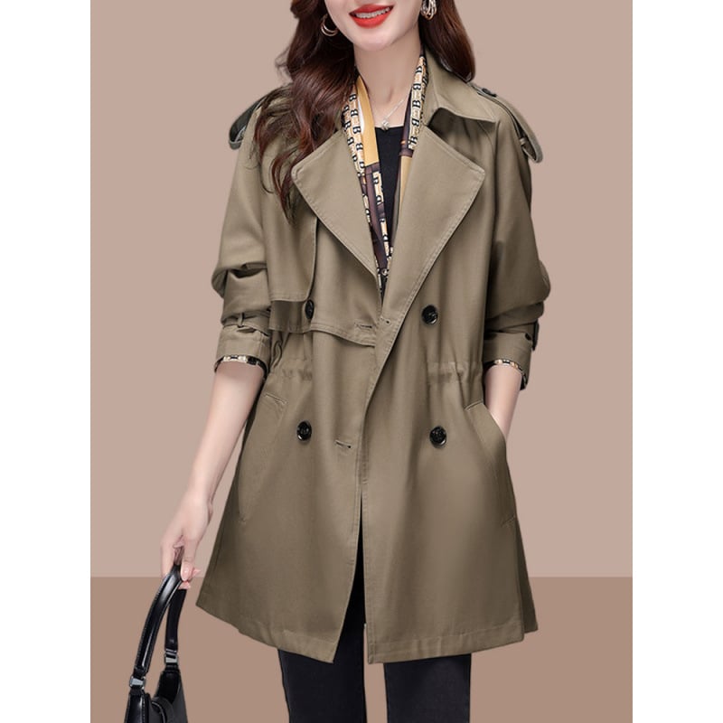 Ženski Chenille kaput srednje duljine s polo ovratnikom, dvostruko kopčanje, raglan rukavi, labav kroj