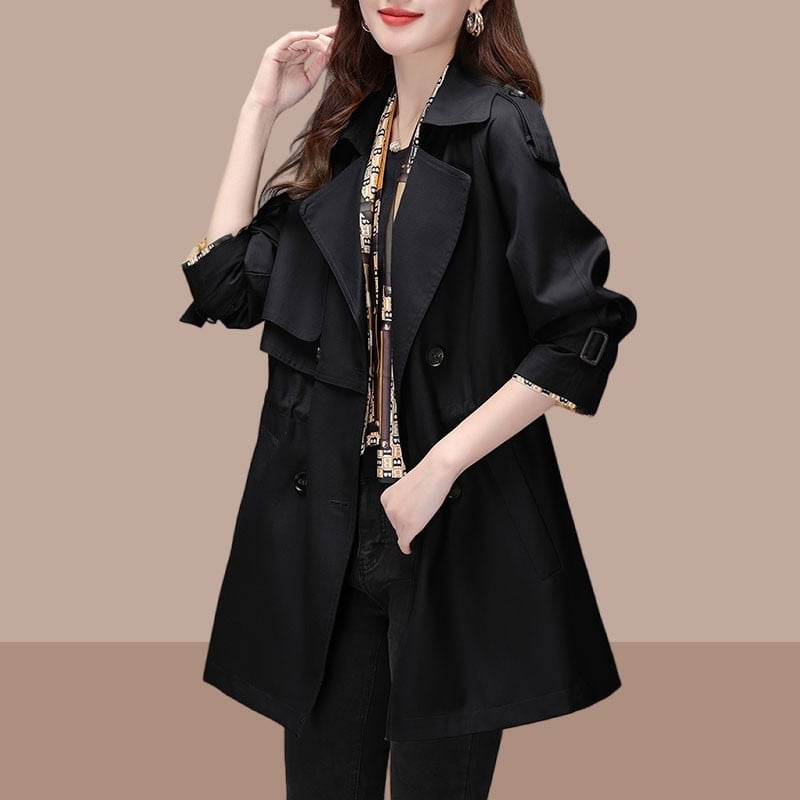 Ženski Chenille kaput srednje duljine s polo ovratnikom, dvostruko kopčanje, raglan rukavi, labav kroj