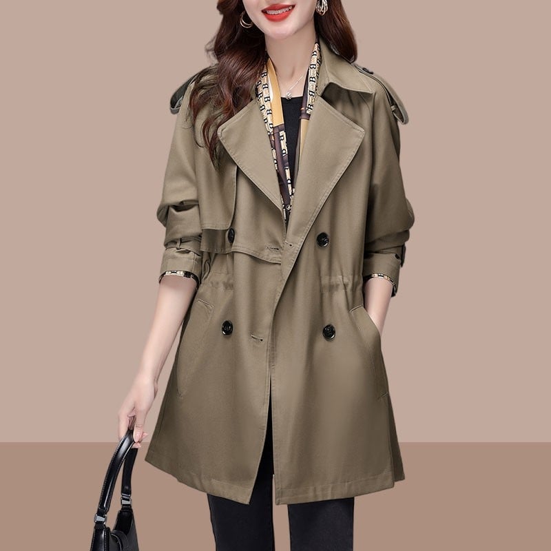 Ženski Chenille kaput srednje duljine s polo ovratnikom, dvostruko kopčanje, raglan rukavi, labav kroj