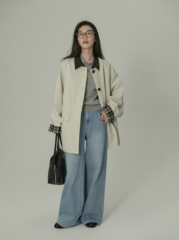 Ženski pamučni kaput s ovratnikom, širokog kroja, kopčanje na jedno kopčanje, jednofarbni, jesen 2024