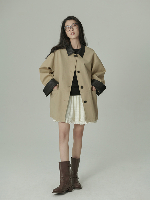 Ženski pamučni kaput s ovratnikom, širokog kroja, kopčanje na jedno kopčanje, jednofarbni, jesen 2024