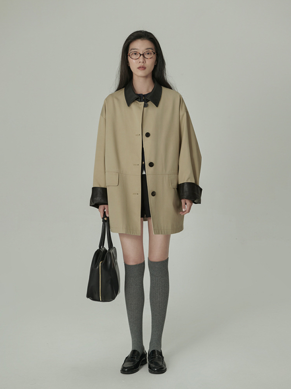 Ženski pamučni kaput s ovratnikom, širokog kroja, kopčanje na jedno kopčanje, jednofarbni, jesen 2024