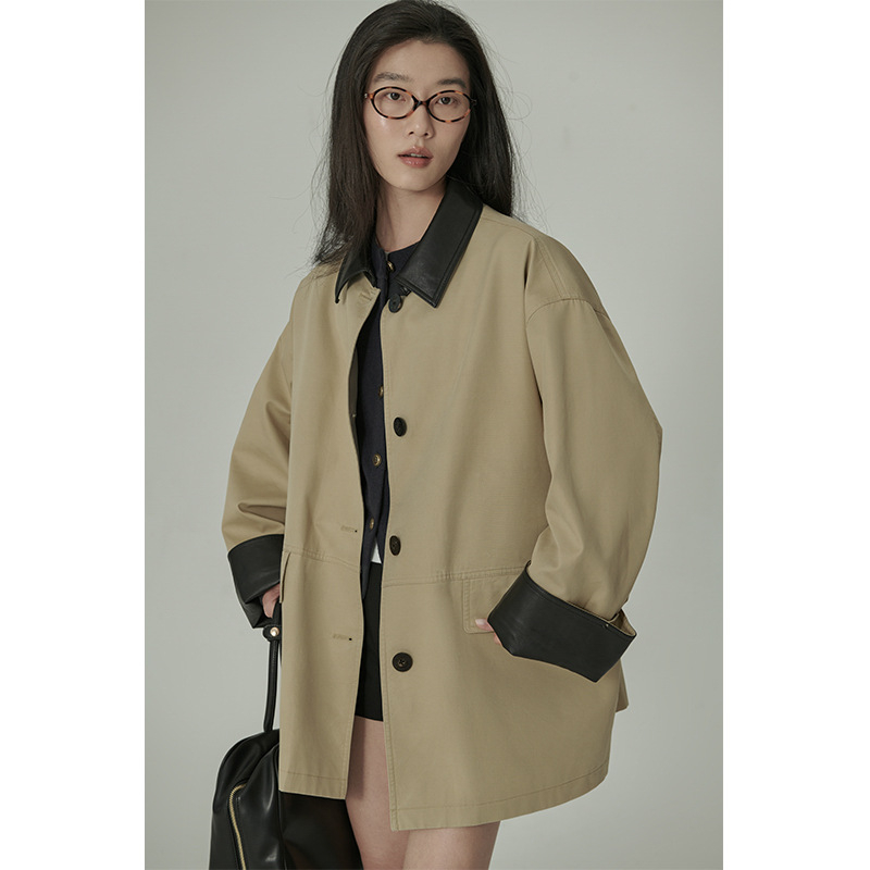 Ženski pamučni kaput s ovratnikom, širokog kroja, kopčanje na jedno kopčanje, jednofarbni, jesen 2024