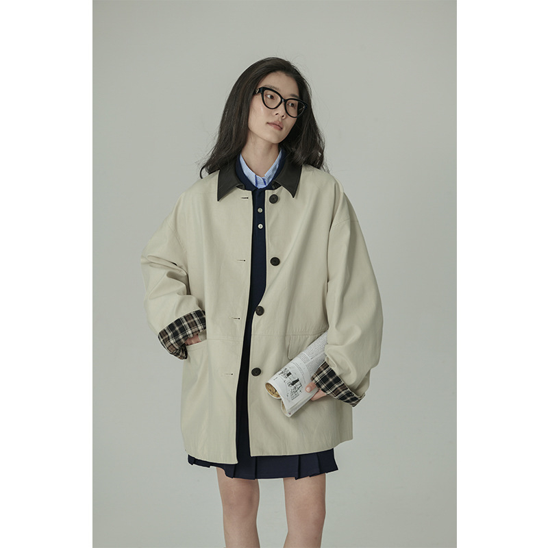 Ženski pamučni kaput s ovratnikom, širokog kroja, kopčanje na jedno kopčanje, jednofarbni, jesen 2024