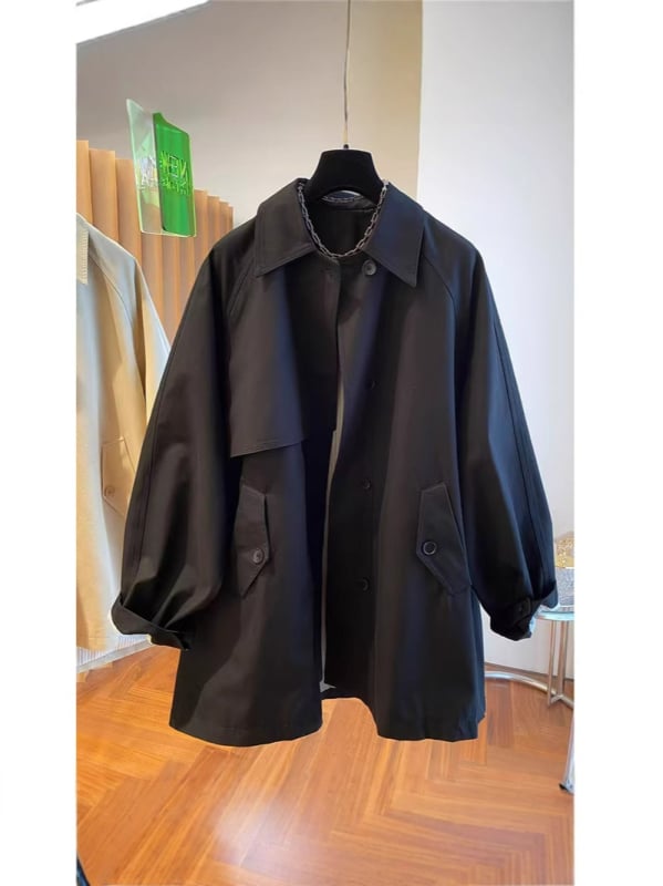 Ženski poliester kaput u korejskom stilu, široka silueta, srednja dužina, polo ovratnik, dugi rukavi