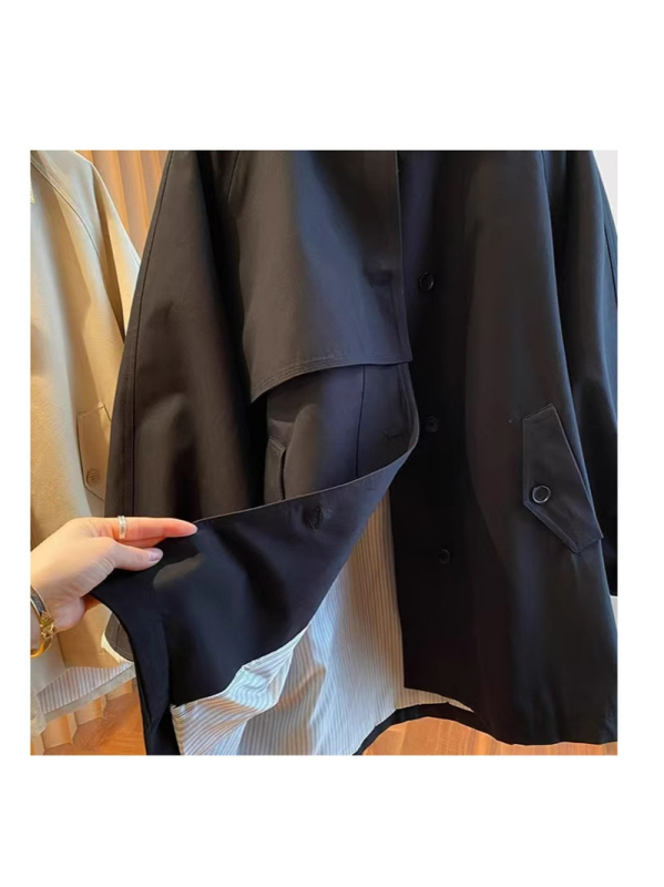 Ženski poliester kaput u korejskom stilu, široka silueta, srednja dužina, polo ovratnik, dugi rukavi