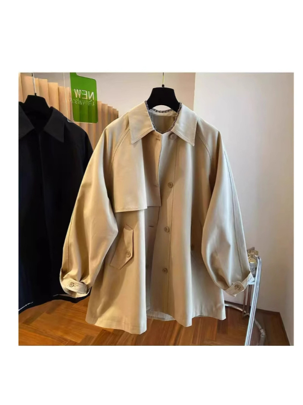 Ženski poliester kaput u korejskom stilu, široka silueta, srednja dužina, polo ovratnik, dugi rukavi