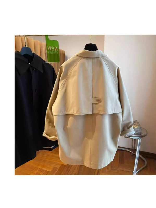 Ženski poliester kaput u korejskom stilu, široka silueta, srednja dužina, polo ovratnik, dugi rukavi