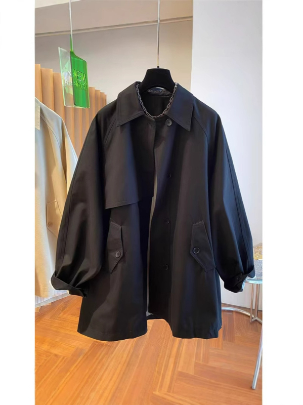 Ženski poliester kaput u korejskom stilu, široka silueta, srednja dužina, polo ovratnik, dugi rukavi