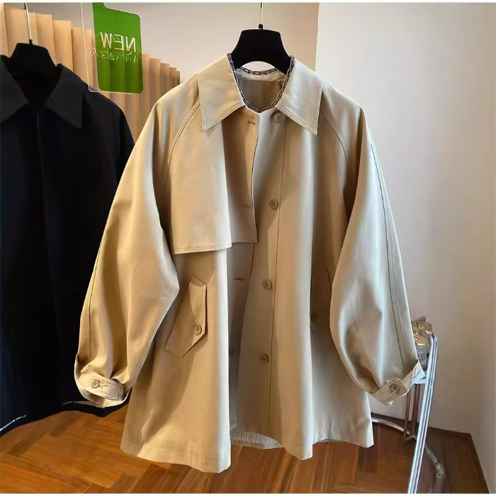 Ženski poliester kaput u korejskom stilu, široka silueta, srednja dužina, polo ovratnik, dugi rukavi