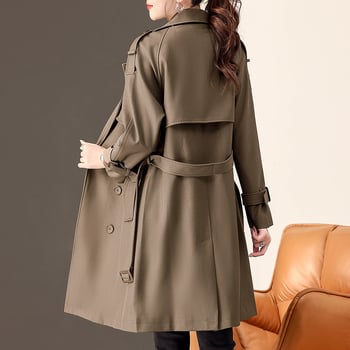 Ženski trench kaput uskog kroja, srednje dužine, mješavina pamuka i poliestera, jednobojna, polo ovratnik, dugi rukavi, jesen 2024