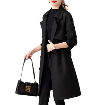 Ženski trench kaput uskog kroja, srednje dužine, mješavina pamuka i poliestera, jednobojna, polo ovratnik, dugi rukavi, jesen 2024