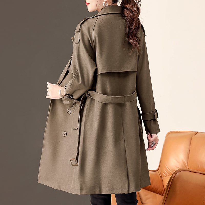 Ženski trench kaput uskog kroja, srednje dužine, mješavina pamuka i poliestera, jednobojna, polo ovratnik, dugi rukavi, jesen 2024