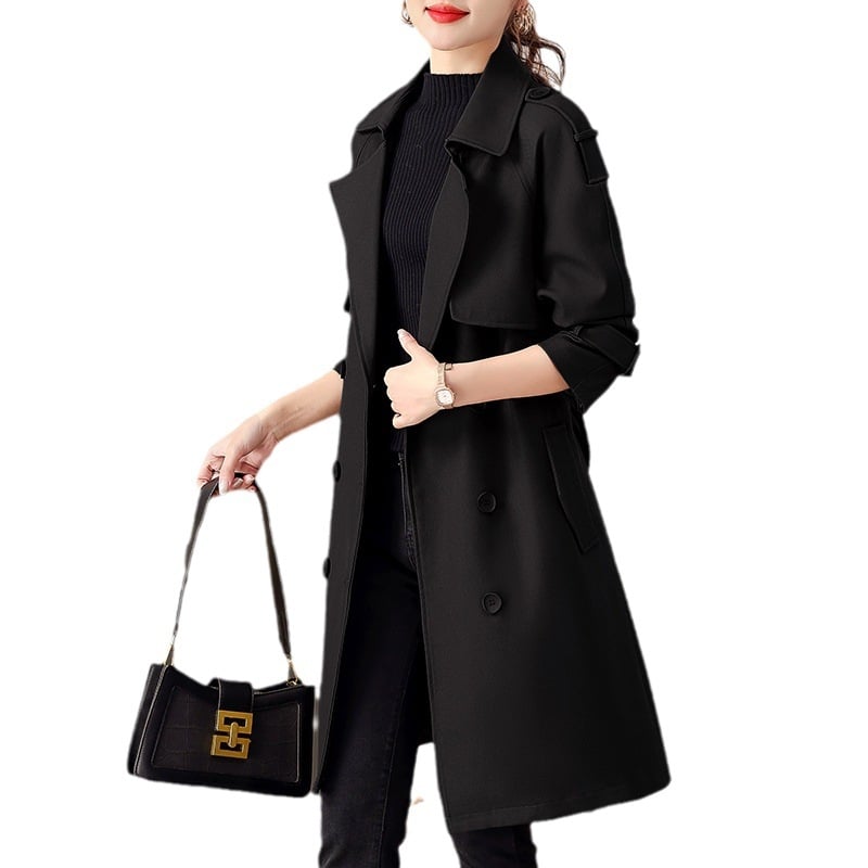 Ženski trench kaput uskog kroja, srednje dužine, mješavina pamuka i poliestera, jednobojna, polo ovratnik, dugi rukavi, jesen 2024