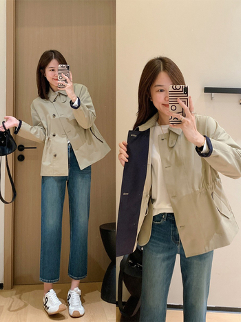 Windbreaker jakna od twill pamuka s unutarnjim šniranjem u struku, slobodan kroj, rever, dugi rukavi, jesen 2025, casual japansko-korejski stil