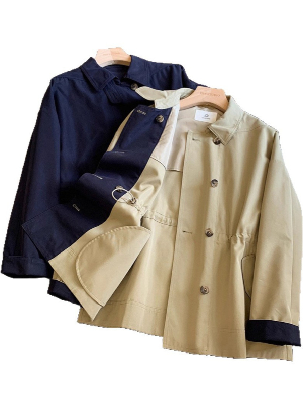 Windbreaker jakna od twill pamuka s unutarnjim šniranjem u struku, slobodan kroj, rever, dugi rukavi, jesen 2025, casual japansko-korejski stil