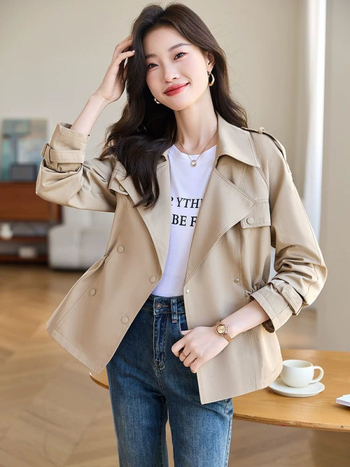 Женски къс тренчкот, полиестер със спандекс, принцес ръкави, костюмна яка, едноредово закопчаване, къс стил (40-50 см)