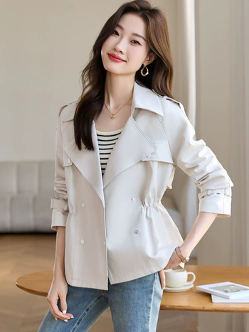 Женски къс тренчкот, полиестер със спандекс, принцес ръкави, костюмна яка, едноредово закопчаване, къс стил (40-50 см)