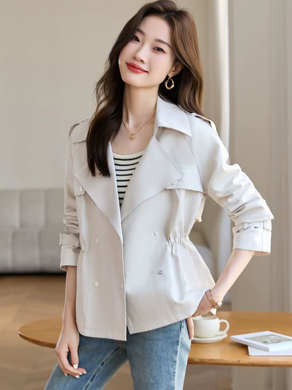 Женски къс тренчкот, полиестер със спандекс, принцес ръкави, костюмна яка, едноредово закопчаване, къс стил (40-50 см)