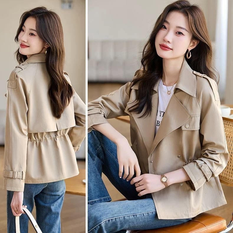 Женски къс тренчкот, полиестер със спандекс, принцес ръкави, костюмна яка, едноредово закопчаване, къс стил (40-50 см)