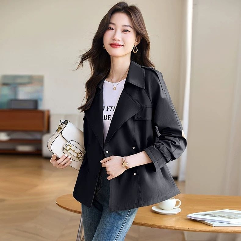 Женски къс тренчкот, полиестер със спандекс, принцес ръкави, костюмна яка, едноредово закопчаване, къс стил (40-50 см)