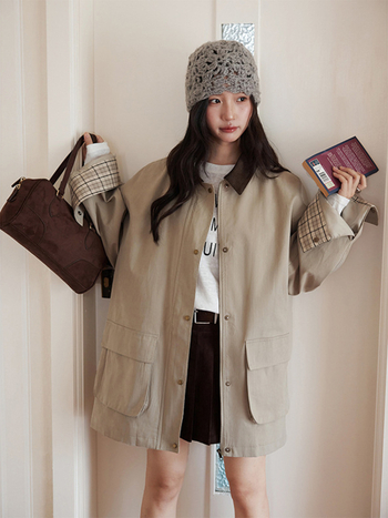 Ženski kaput od pamuka korduroja s dizajnom color-block, ležerni kroj, srednja duljina, dugi rukavi