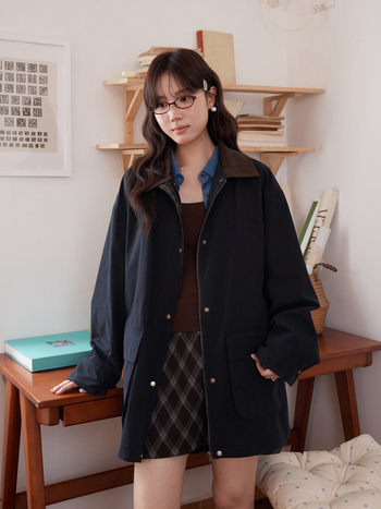 Ženski kaput od pamuka korduroja s dizajnom color-block, ležerni kroj, srednja duljina, dugi rukavi