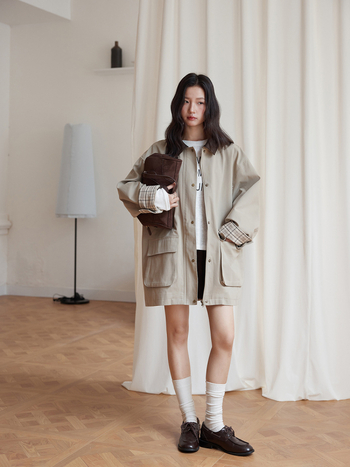 Ženski kaput od pamuka korduroja s dizajnom color-block, ležerni kroj, srednja duljina, dugi rukavi