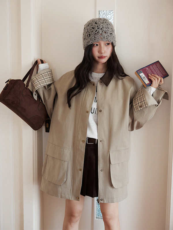 Ženski kaput od pamuka korduroja s dizajnom color-block, ležerni kroj, srednja duljina, dugi rukavi