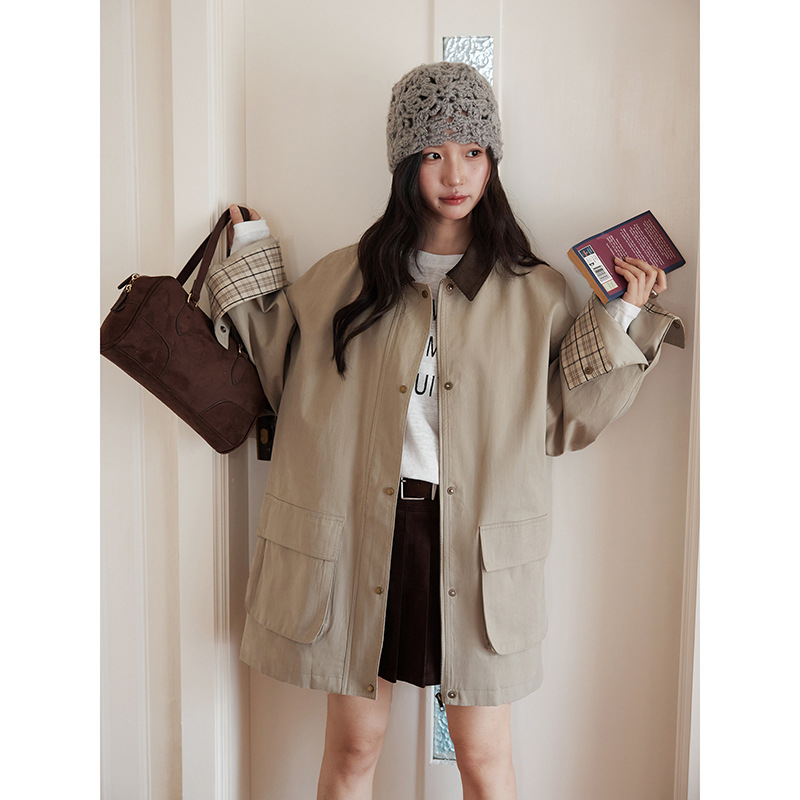 Ženski kaput od pamuka korduroja s dizajnom color-block, ležerni kroj, srednja duljina, dugi rukavi