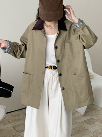 Női koreai stílusú szélkabát galléros, pamutból, középhosszú, laza szabású