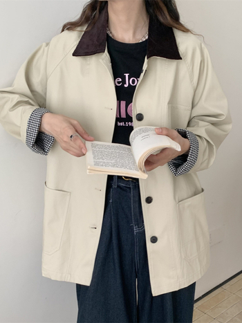 Női koreai stílusú szélkabát galléros, pamutból, középhosszú, laza szabású