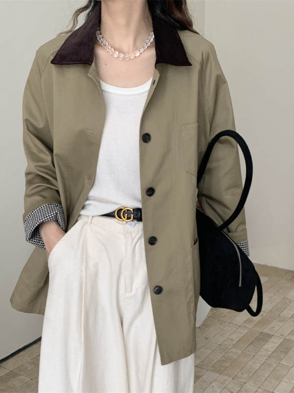 Női koreai stílusú szélkabát galléros, pamutból, középhosszú, laza szabású