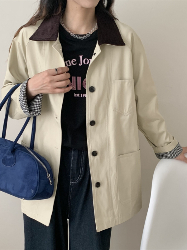 Női koreai stílusú szélkabát galléros, pamutból, középhosszú, laza szabású