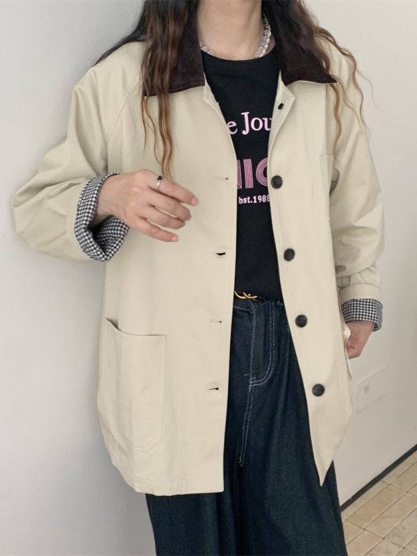Női koreai stílusú szélkabát galléros, pamutból, középhosszú, laza szabású