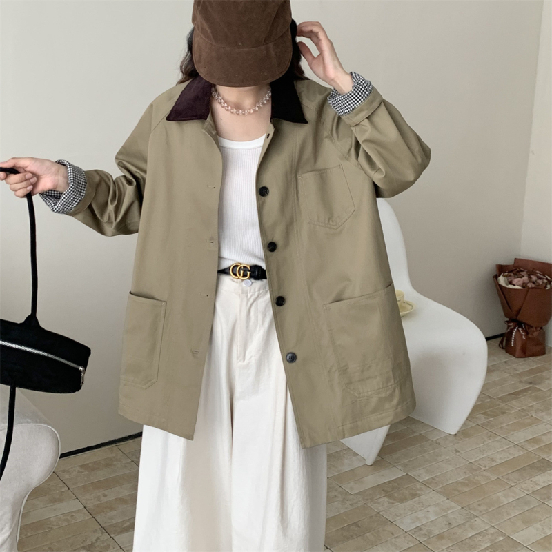 Női koreai stílusú szélkabát galléros, pamutból, középhosszú, laza szabású