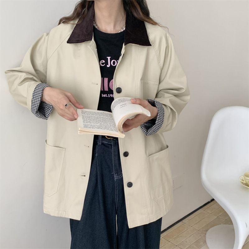 Női koreai stílusú szélkabát galléros, pamutból, középhosszú, laza szabású