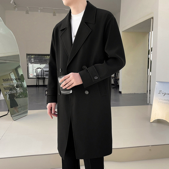 Palton masculin de lungime medie, nasturi dubli, guler în stil sacou, croială lejeră, material din amestec de bumbac (80% poliester), toamnă 2025