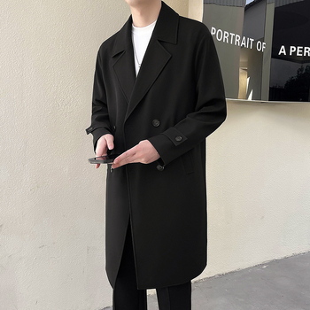 Palton masculin de lungime medie, nasturi dubli, guler în stil sacou, croială lejeră, material din amestec de bumbac (80% poliester), toamnă 2025