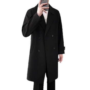 Palton masculin de lungime medie, nasturi dubli, guler în stil sacou, croială lejeră, material din amestec de bumbac (80% poliester), toamnă 2025