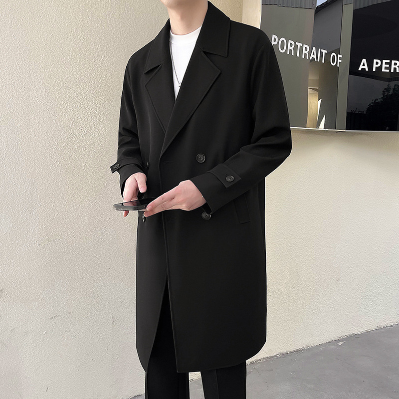 Palton masculin de lungime medie, nasturi dubli, guler în stil sacou, croială lejeră, material din amestec de bumbac (80% poliester), toamnă 2025