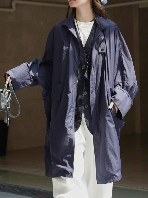 Ženska duga najlon windbreaker jakna, jednobojna boja, 95% najlon, zip zatvaranje, ležerni japansko-korejski stil